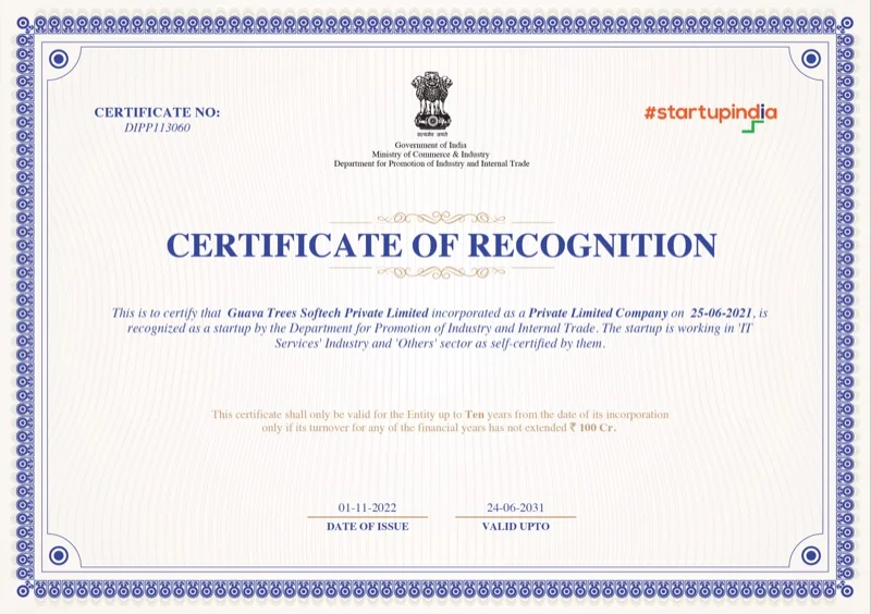 Startup India Certificate of Recognition