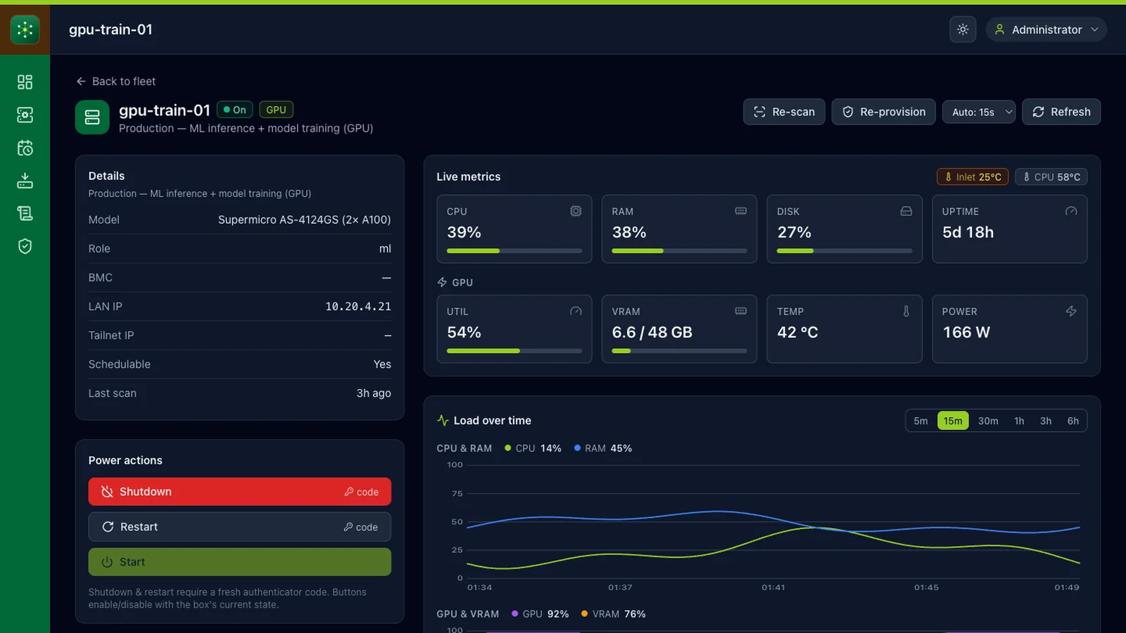 GT Cloud Console server detail view with live resource usage and hosted applications