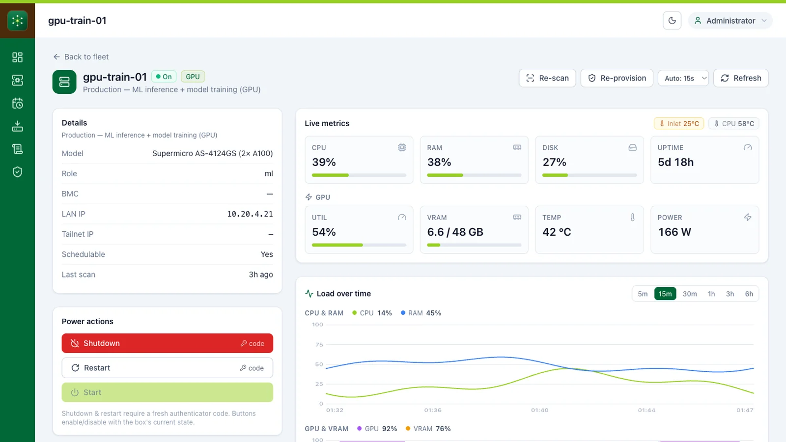 GT Cloud Console server detail view with live resource usage and hosted applications