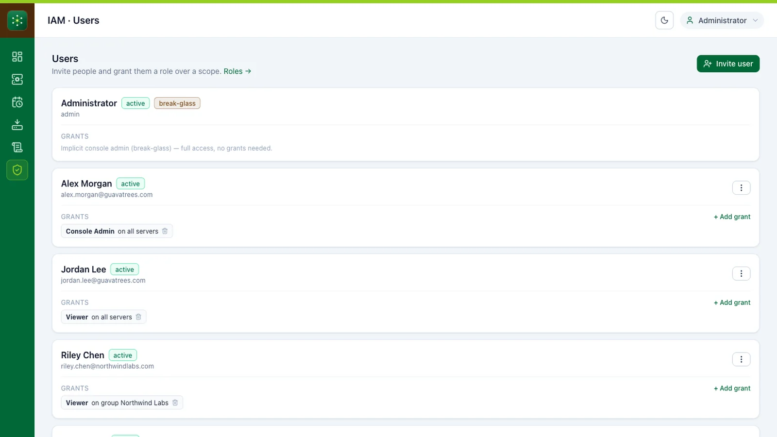 GT Cloud Console access-control view for roles, users, and permissions
