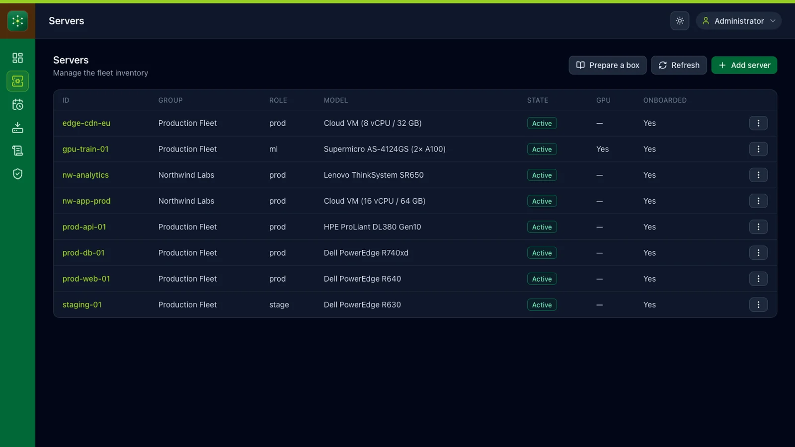 GT Cloud Console server inventory listing environments and their status