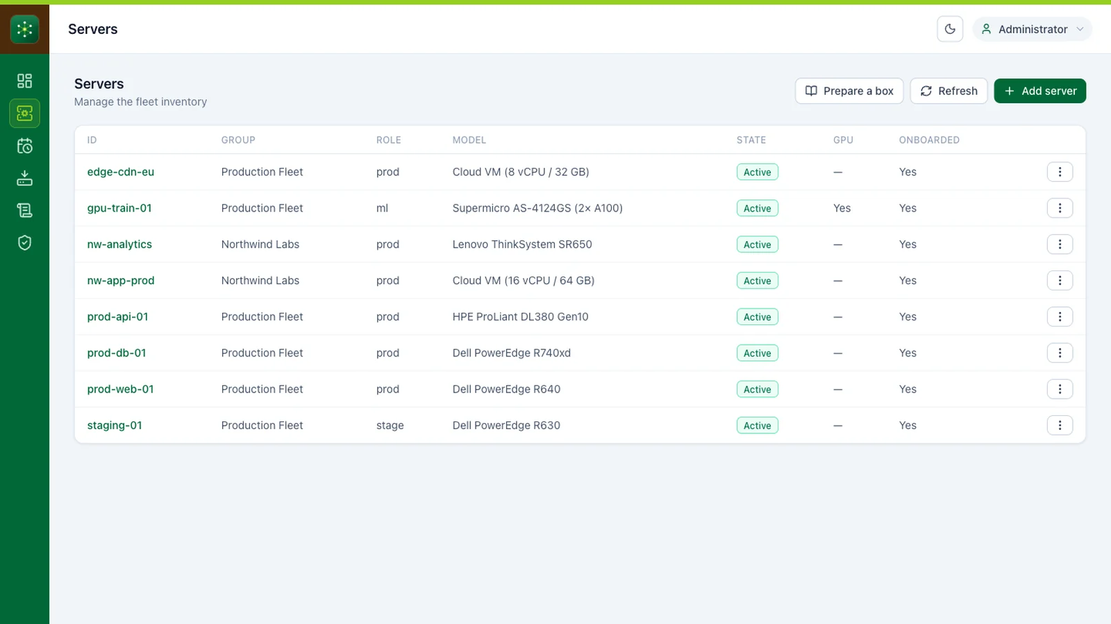 GT Cloud Console server inventory listing environments and their status